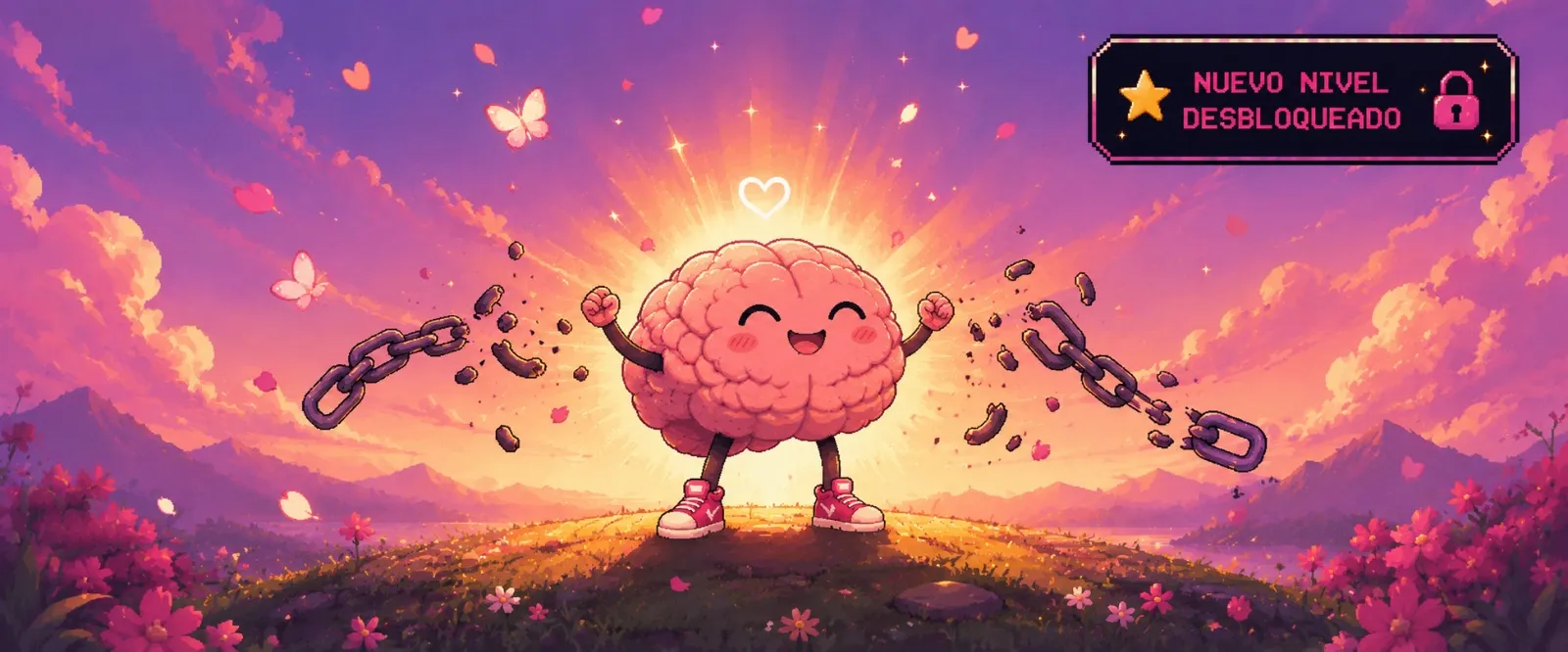 Ilustración: un cerebro sonriente rompe las cadenas que lo sujetaban, con un cartel que dice “Nuevo nivel desbloqueado”.