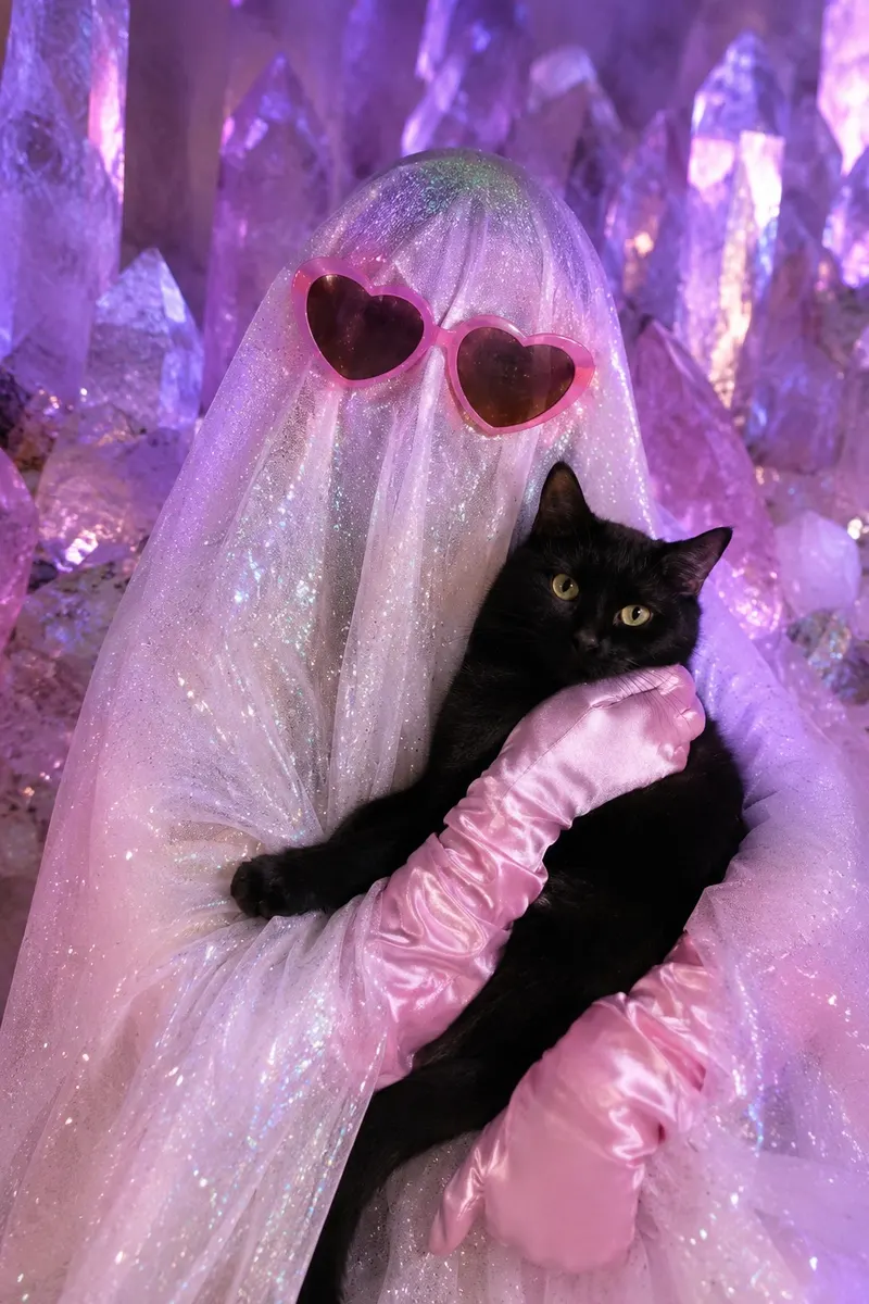 Fantasma con gafas de corazón sosteniendo un gato negro entre sus brazos